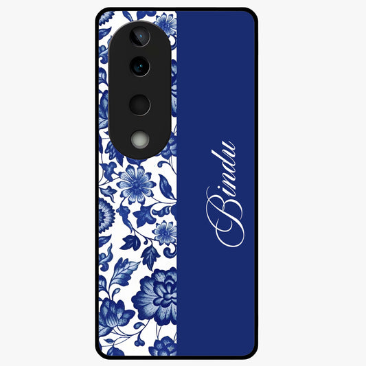 Blue Vintage Floral Pattern Glass Case upright view showcasing timeless floral illustration with vintage inspired style.