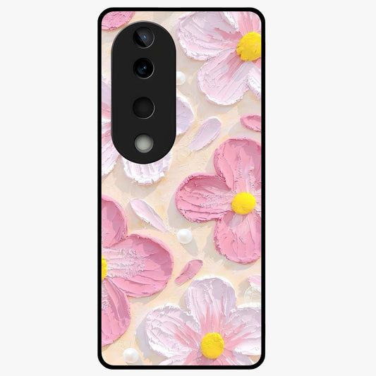 Blush Bloom Texture Glass Case showing flat back view with soft blush floral texture artwork and glossy glass finish.