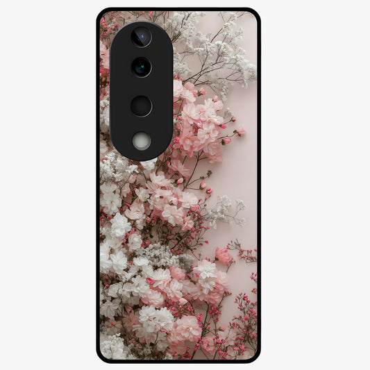 Blush Blossom Cloud Glass Case showing flat back view with dreamy blush cloud blossom artwork and glossy glass finish.