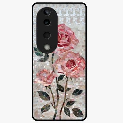 Blush Mosaic Bloom Glass Case showing flat back view with mosaic floral bloom artwork and glossy glass finish.