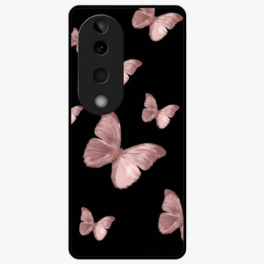 Butterfly Pattern Glass Case showing flat back view with elegant butterfly pattern artwork and glossy glass finish.