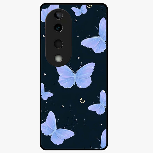 Butterfly With Stars Pattern Glass Case showing flat back view with butterfly and star pattern artwork and glossy glass finish.