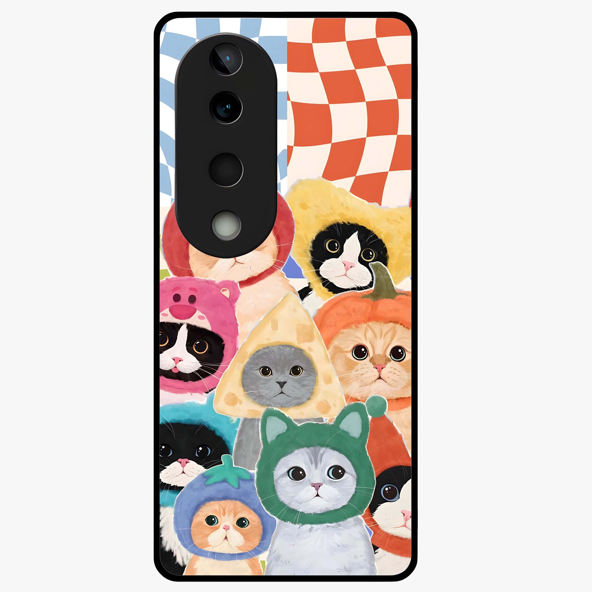 Cats in Fruits Glass Case showing flat back view with playful cat illustrations inside fruit artwork and glossy glass finish.