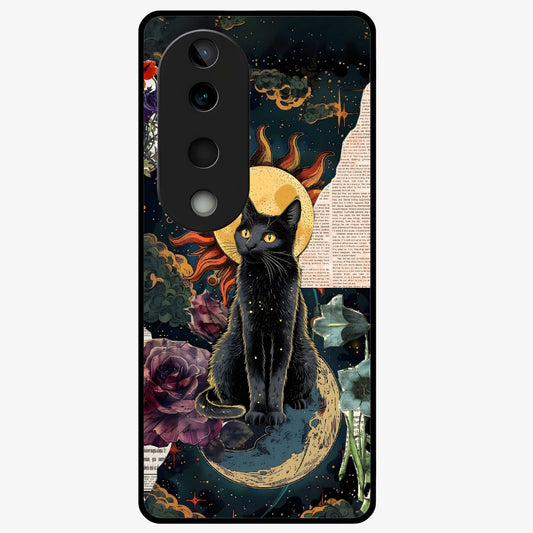 Celestial Black Cat Glass Case showing flat back view with mystical black cat artwork and glossy glass finish.