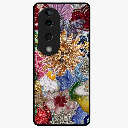 Celestial Floral and Playful Glass Case showing flat back view with floral and celestial themed artwork and glossy glass finish.