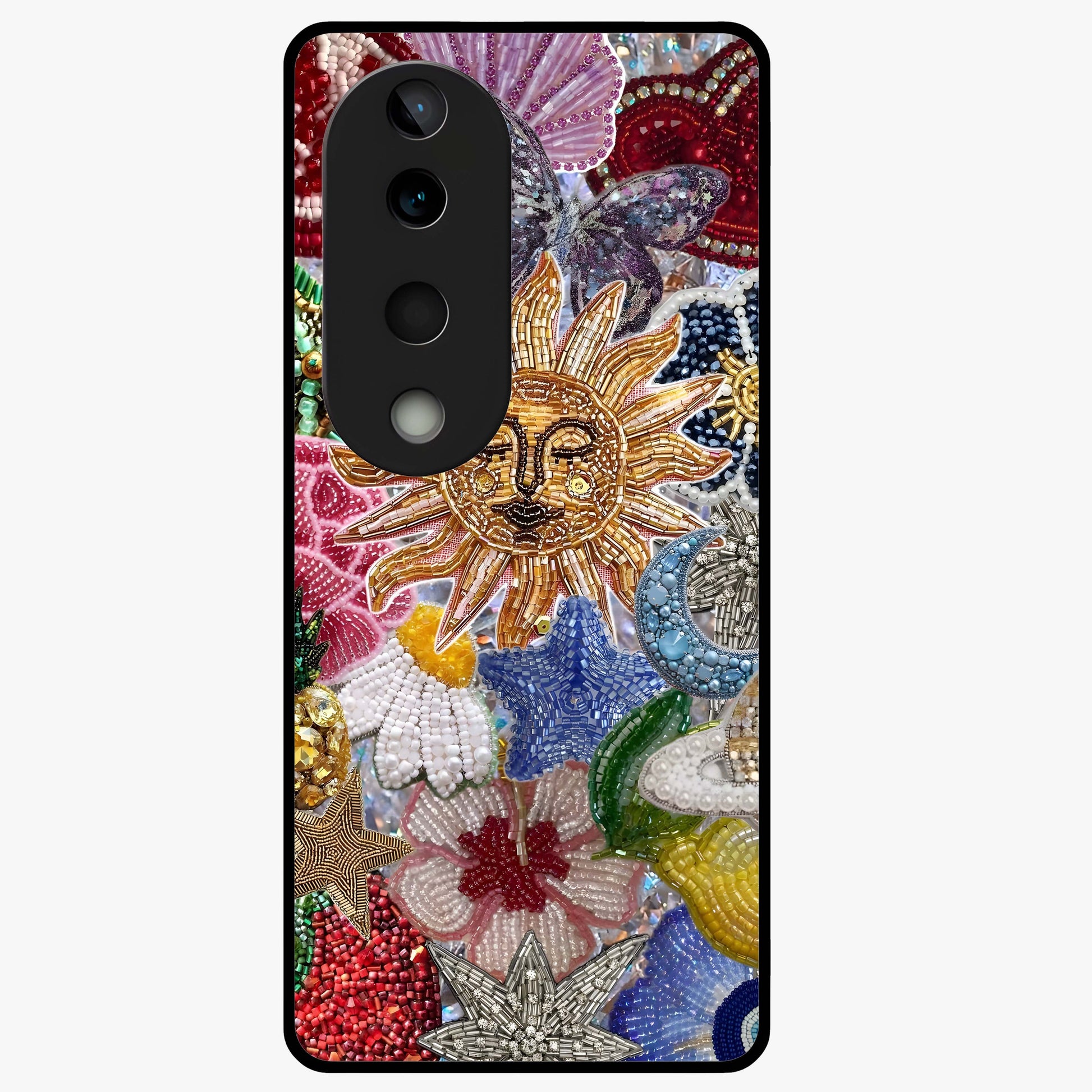 Celestial Floral and Playful Glass Case showing flat back view with floral and celestial themed artwork and glossy glass finish.