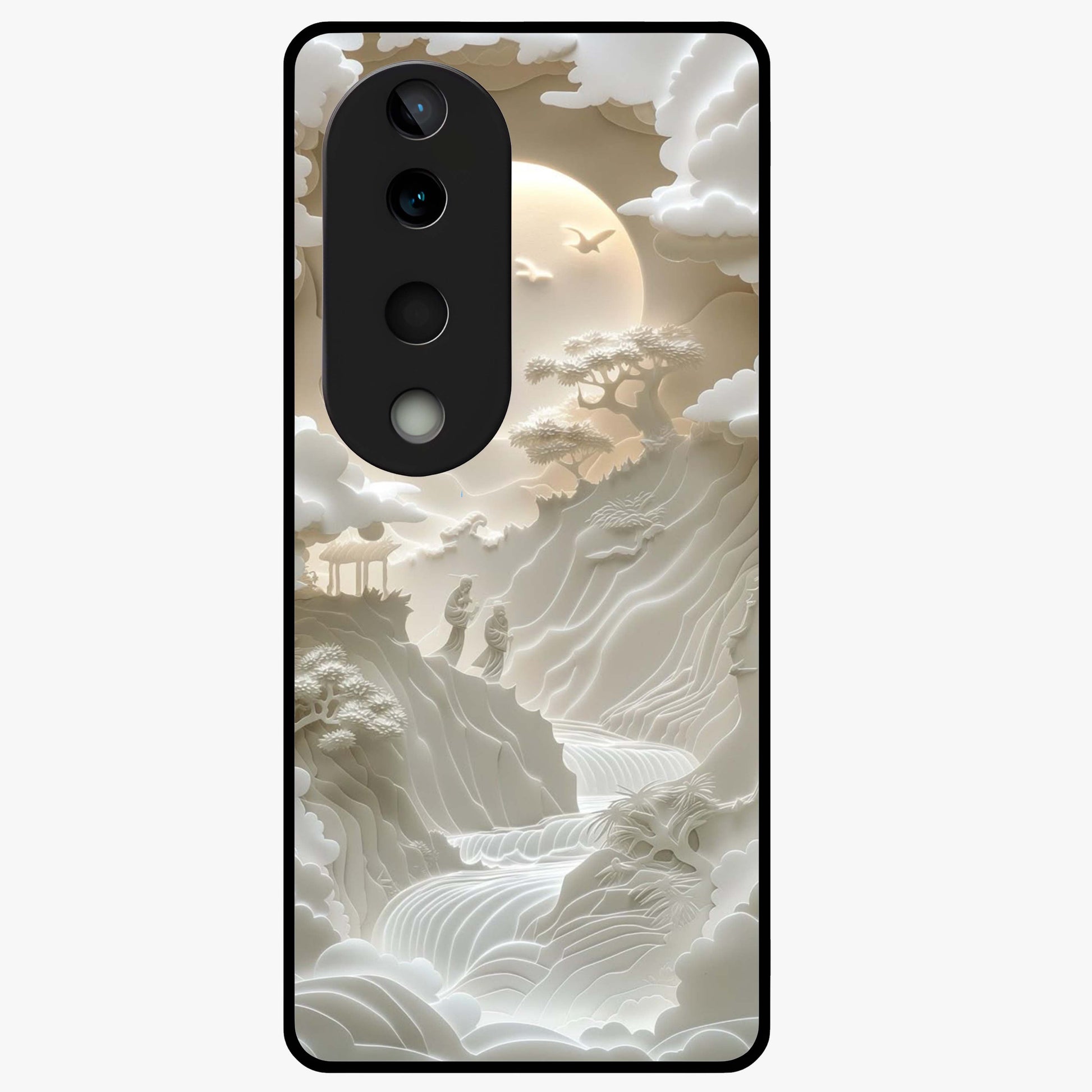 Celestial Origami Glass Case showing flat back view with artistic origami inspired celestial artwork and glossy glass finish.