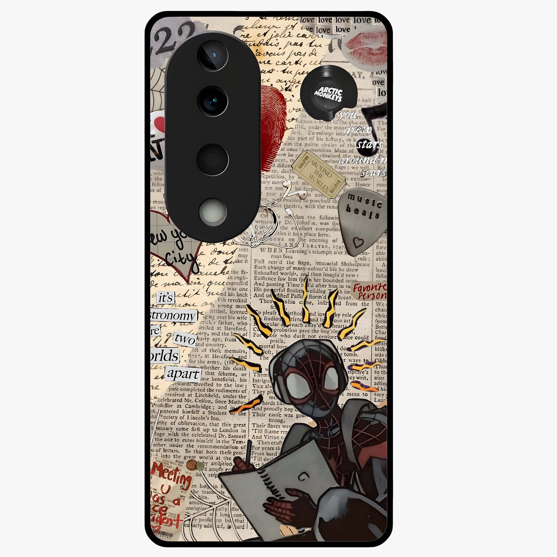 City Dream Sketch Glass Case showing flat back view with artistic city skyline sketch artwork and glossy glass finish.