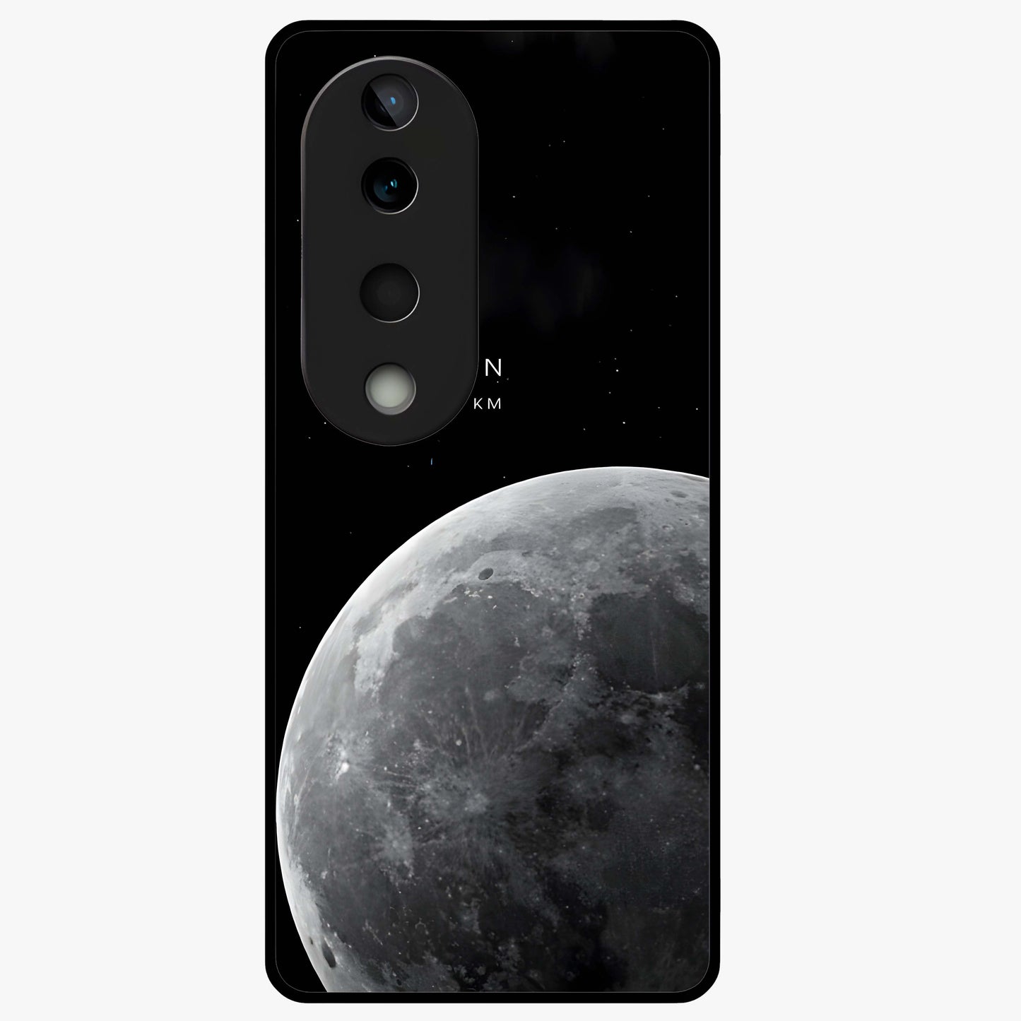 Cosmic Moon Glow Glass Case showing flat back view with glowing moon artwork and glossy glass finish.