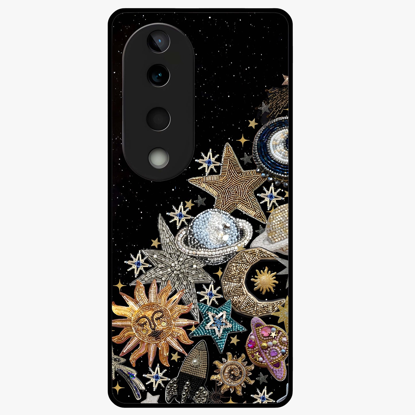 Cosmic Sparkle Dreams Glass Case showing flat back view with sparkling cosmic artwork and glossy glass finish.