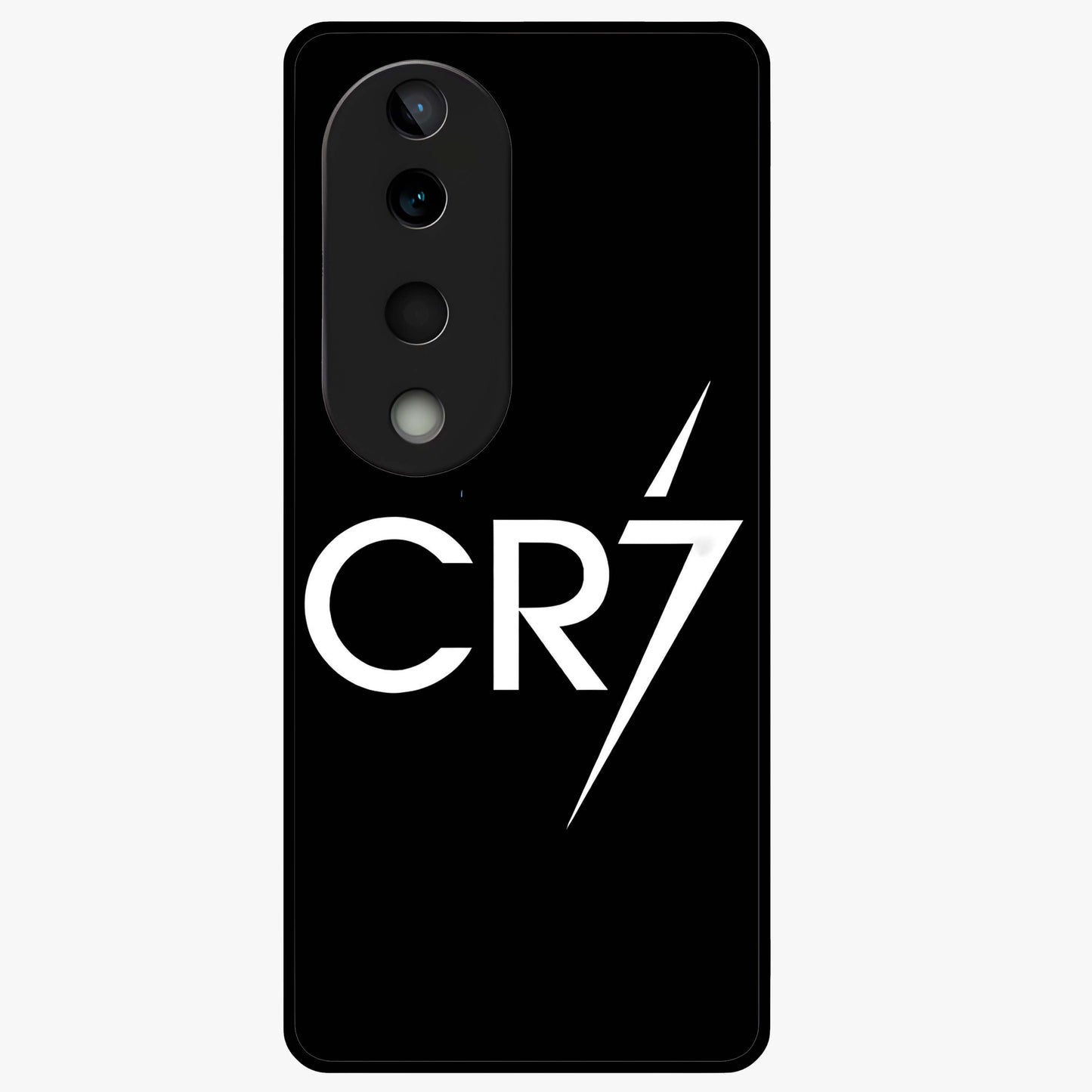 Cr7 Elite Strike Glass Case showing flat back view with dynamic football inspired artwork and glossy glass finish.
