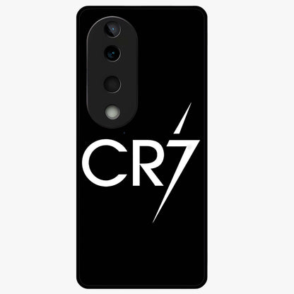 Cr7 Elite Strike Glass Case showing flat back view with dynamic football inspired artwork and glossy glass finish.