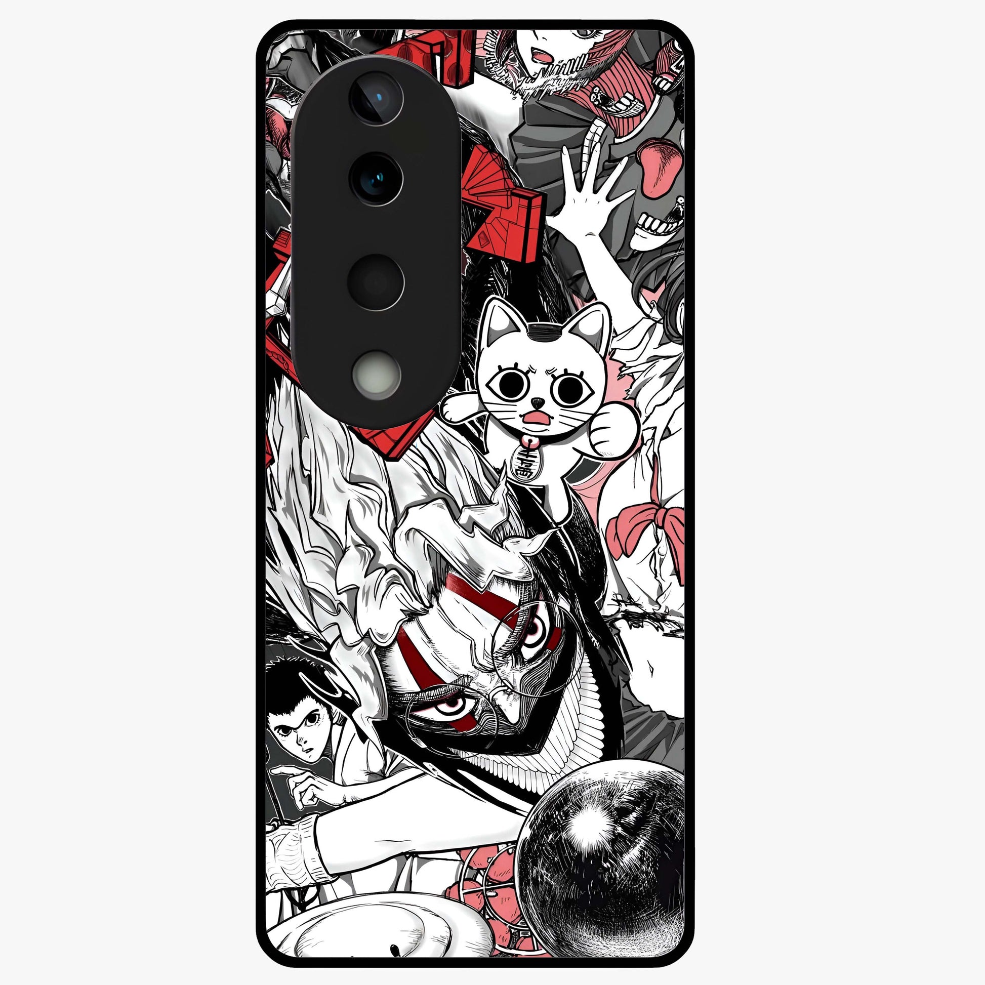Crimson Chaos Panel Glass Case showing flat back view with bold crimson abstract artwork and glossy glass finish.