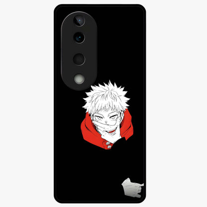 Crimson Chaos Smile Glass Case showing flat back view with bold chaotic smile artwork and glossy glass finish.