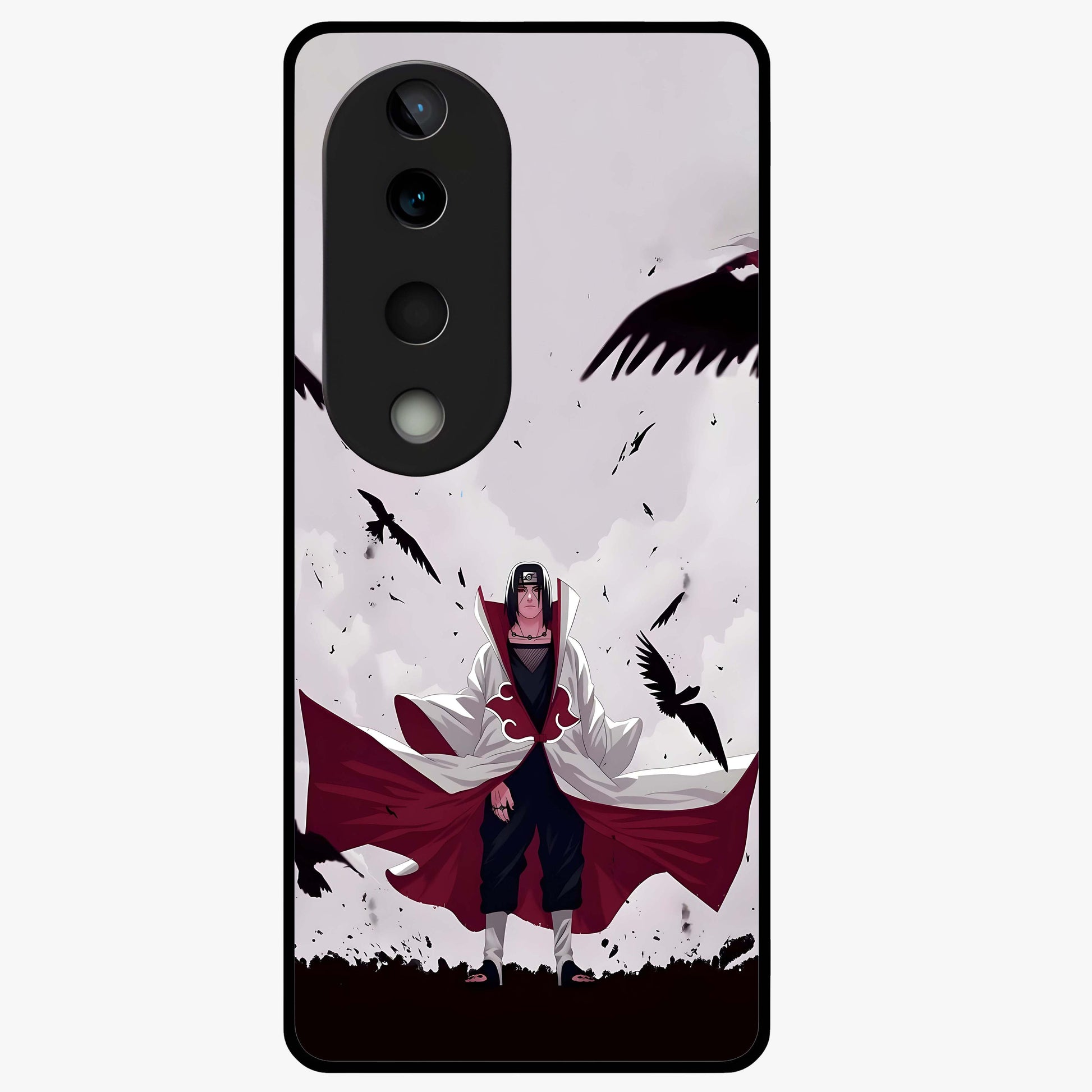 Crimson Crow Ascension Glass Case showing flat back view with mystical crow artwork and glossy glass finish.