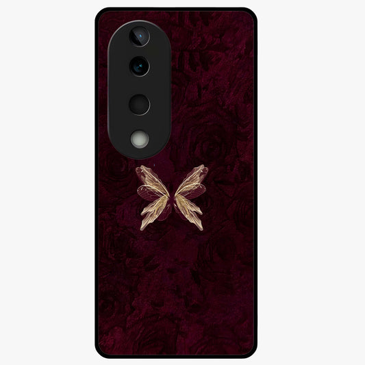 Crimson Fade Butterfly Glass Case showing flat back view with fading butterfly artwork and glossy glass finish.