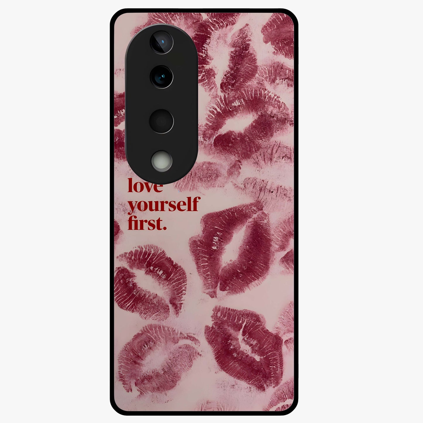 Crimson Kiss Love Glass Case showing flat back view with romantic crimson themed artwork and glossy glass finish.