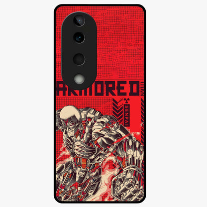 Crimson Mecha Titan Glass Case showing flat back view with powerful mech titan artwork and glossy glass finish.