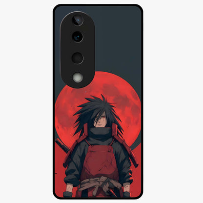 Crimson Moon Warlord Glass Case showing flat back view with mystical moon warrior artwork and glossy glass finish.