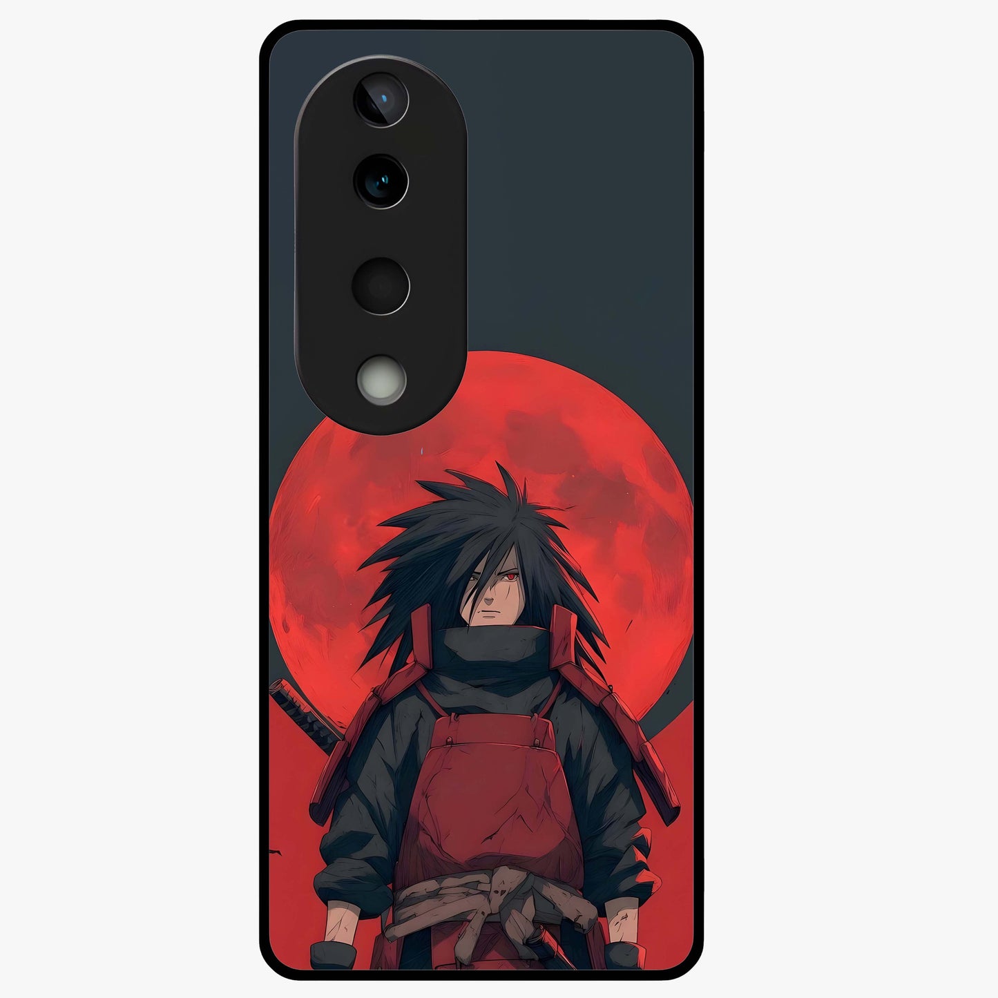 Crimson Moon Warlord Glass Case showing flat back view with mystical moon warrior artwork and glossy glass finish.