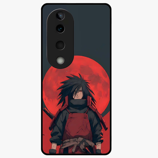 Crimson Moon Warlord Glass Case showing flat back view with mystical moon warrior artwork and glossy glass finish.