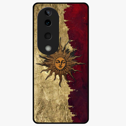 Crimson Sun Majesty Glass Case showing flat back view with radiant sun inspired artwork and glossy glass finish.