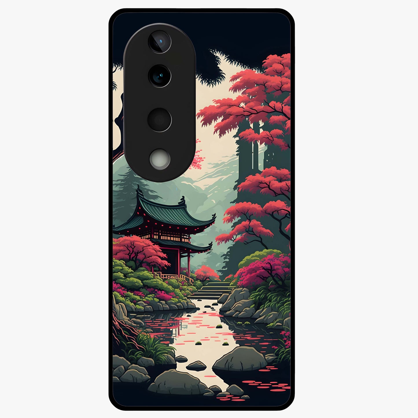 Crimson Temple View Glass Case showing flat back view with temple inspired artwork and glossy glass finish.