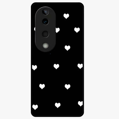 Cute And Simple White Hearts Glass Case showing flat back view with minimal white heart pattern and glossy glass finish.