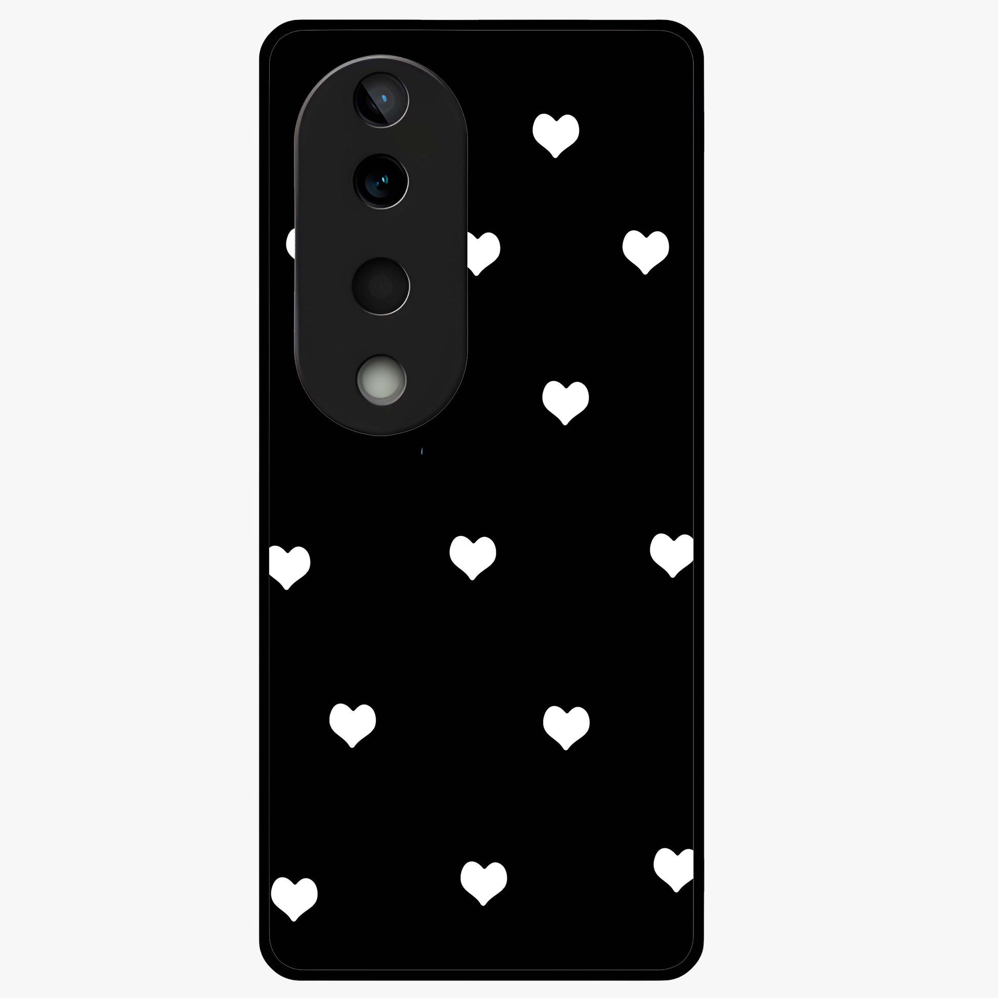 Cute And Simple White Hearts Glass Case showing flat back view with minimal white heart pattern and glossy glass finish.