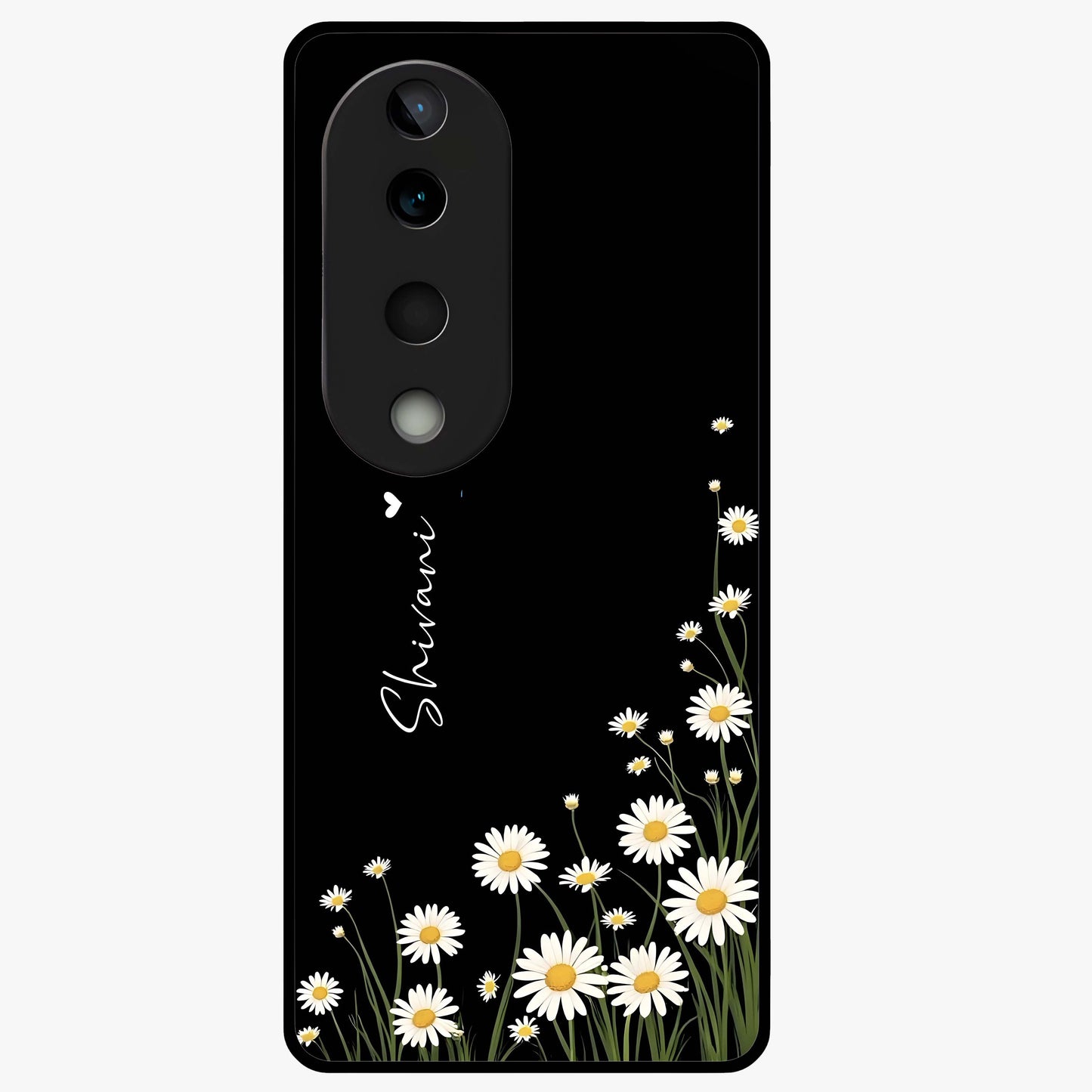 Daisy Cascade Custom Name Glass Case showing flat back view with cascading daisy flowers and personalized name design.