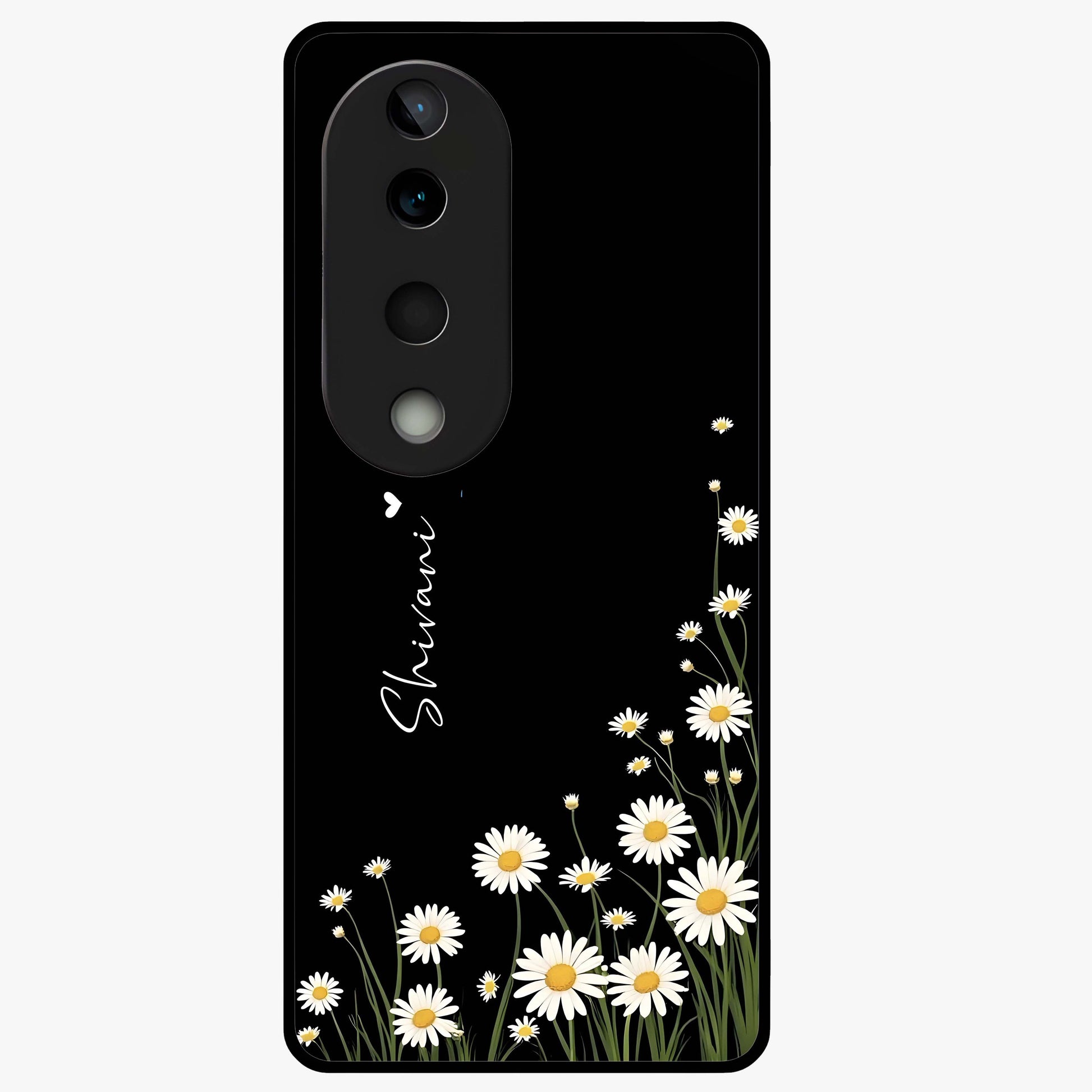 Daisy Cascade Custom Name Glass Case showing flat back view with cascading daisy flowers and personalized name design.