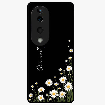 Daisy Cascade Custom Name Glass Case showing flat back view with cascading daisy flowers and personalized name design.