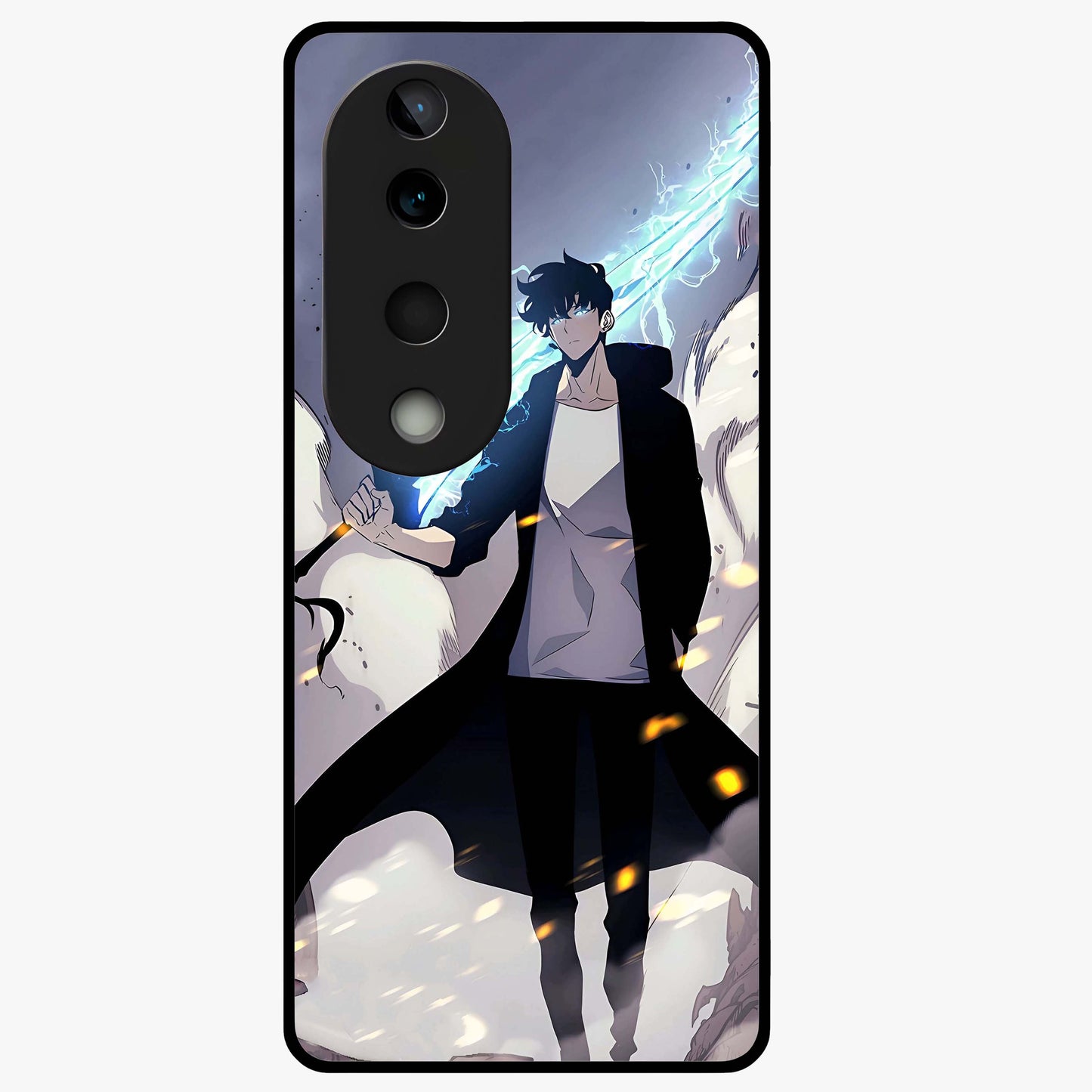 Dark Lightning Anime Warrior Glass Case showing flat back view with intense anime warrior artwork and glossy glass finish.