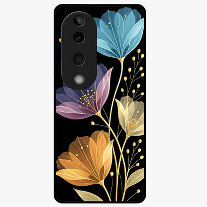 Delicate Multicolor Flowers Glass Case showing flat back view with vibrant floral artwork and glossy glass finish.