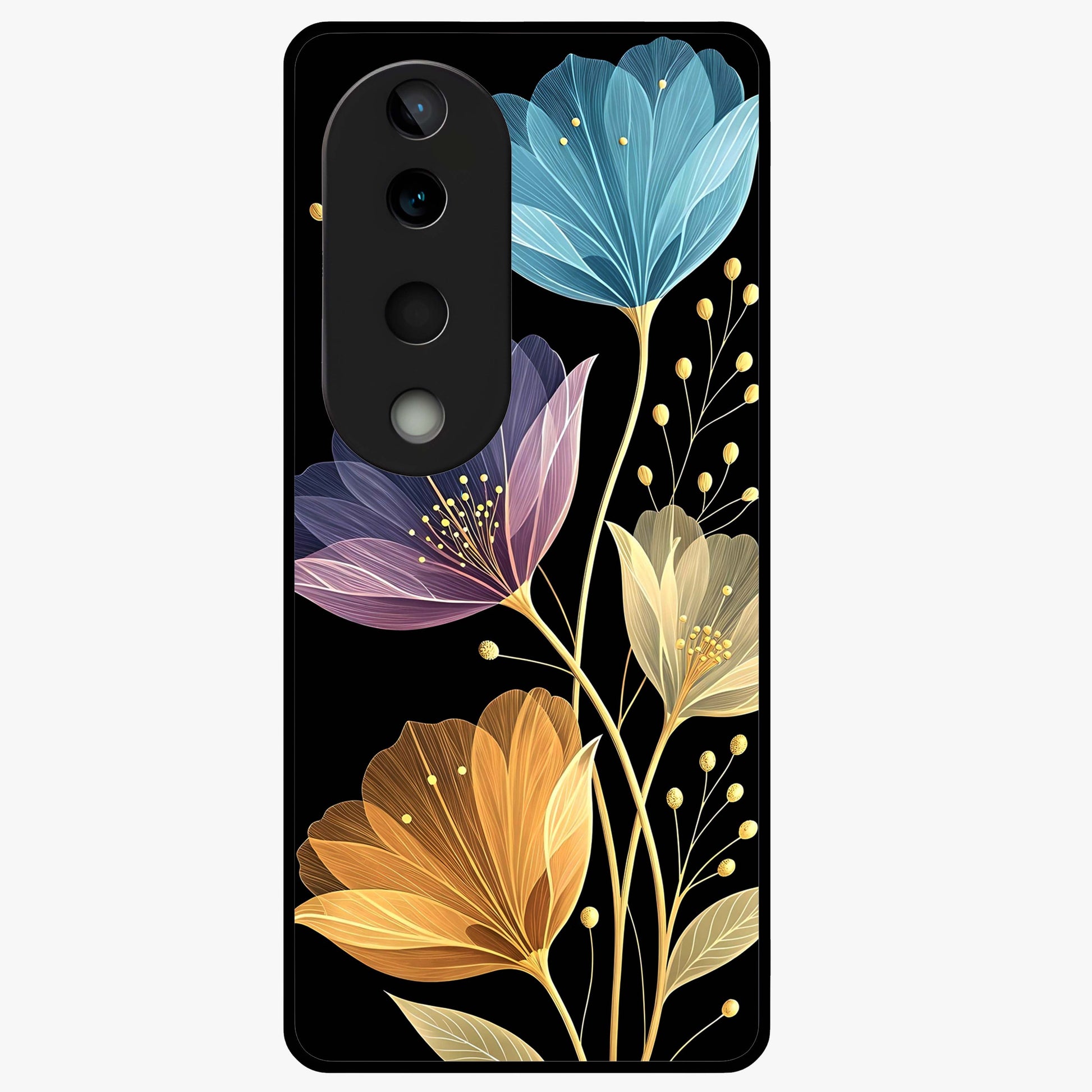 Delicate Multicolor Flowers Glass Case showing flat back view with vibrant floral artwork and glossy glass finish.