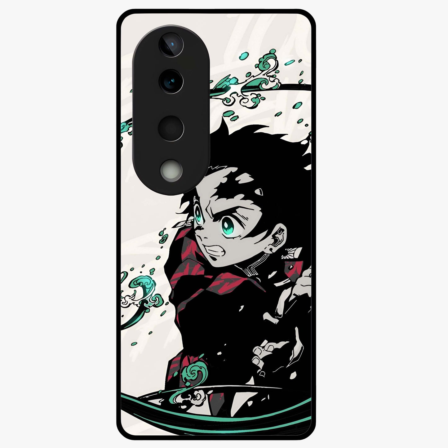 Demon Slayer Glass Case showing flat back view with bold anime inspired artwork and glossy glass finish.