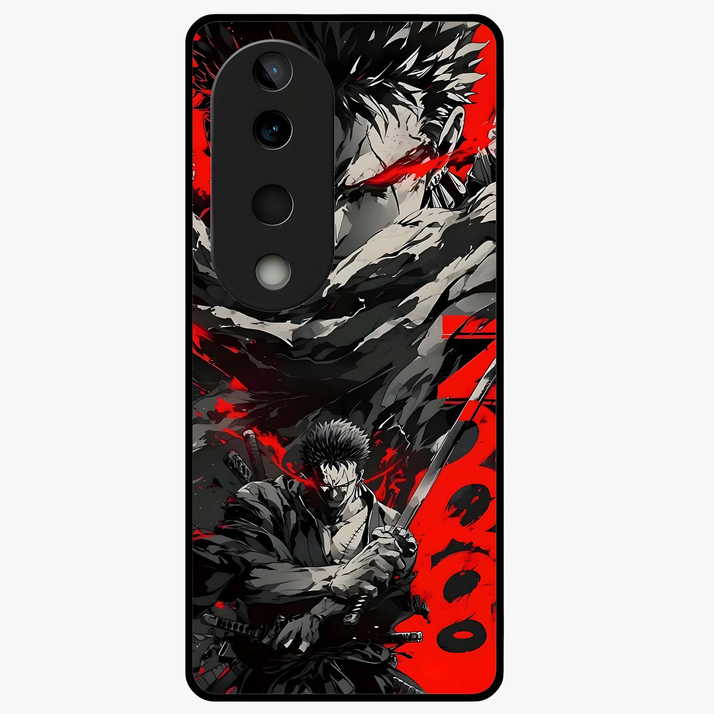 Demon Sword Resolve Glass Case showing flat back view with fierce sword warrior artwork and glossy glass finish.
