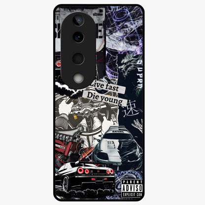 Die Young Glass Case showing flat back view with bold artistic typography design and glossy glass finish.