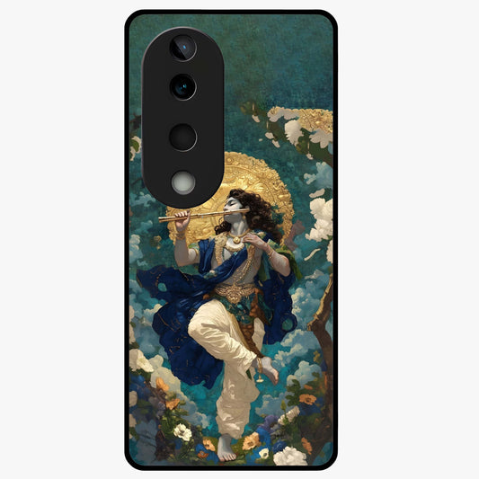 Divine Krishna Art Glass Case showing flat back view with Lord Krishna artwork and glossy glass finish.