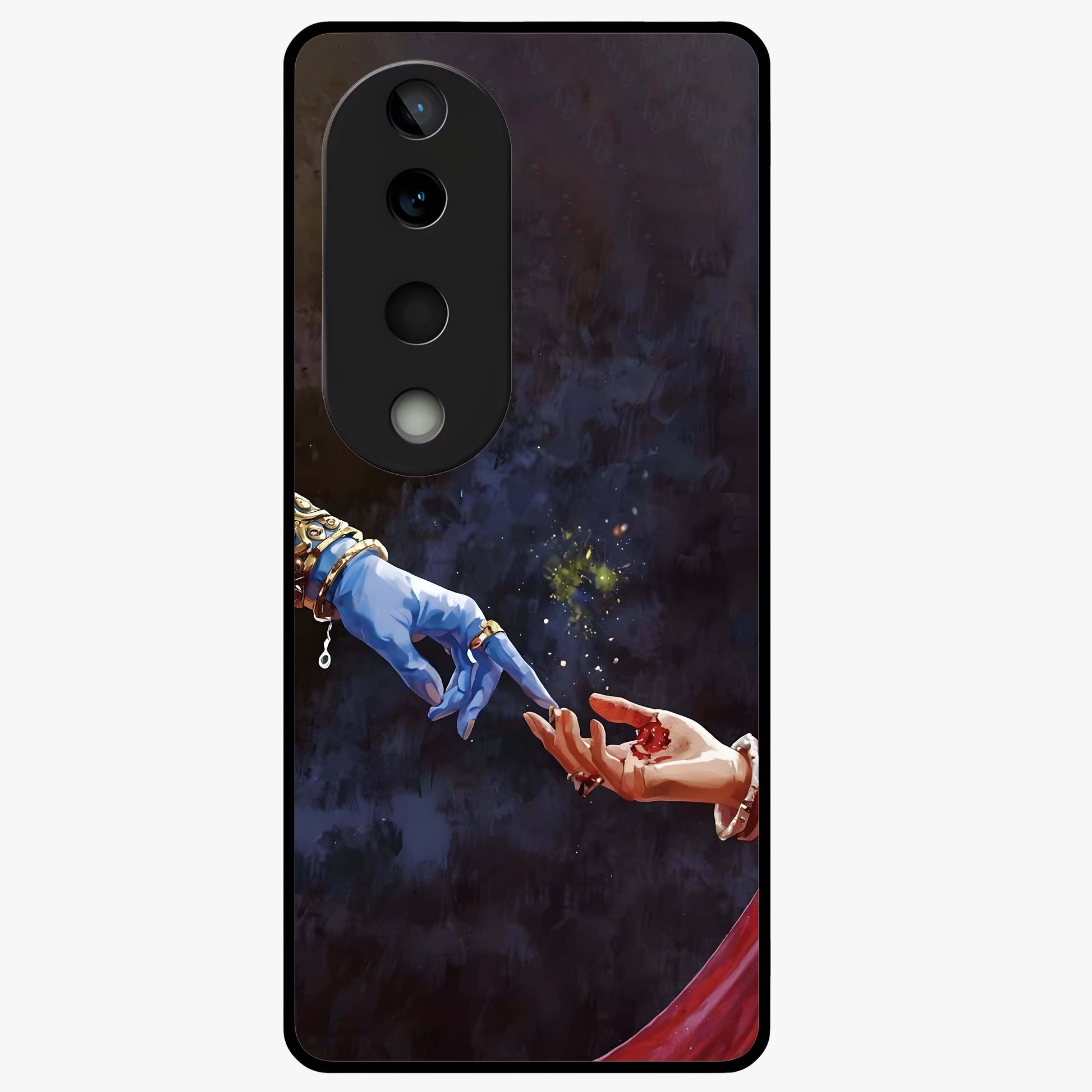 Divine Touch Eternal Glass Case showing flat back view with spiritual themed artwork and glossy glass finish.