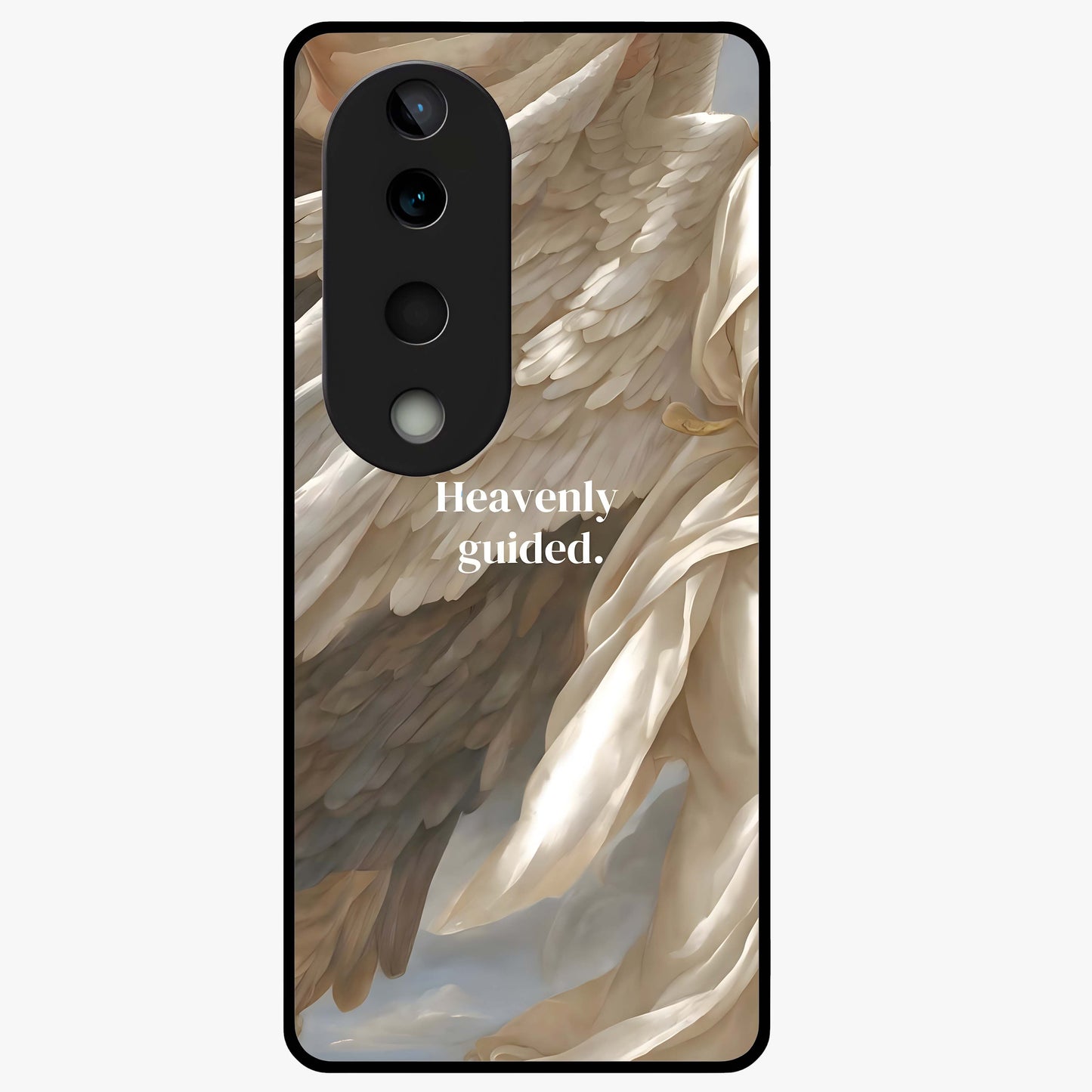 Divine Winged Grace Glass Case showing flat back view with elegant wing inspired artwork and glossy glass finish.
