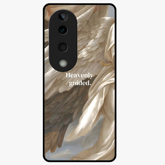 Divine Winged Grace Glass Case showing flat back view with elegant wing inspired artwork and glossy glass finish.