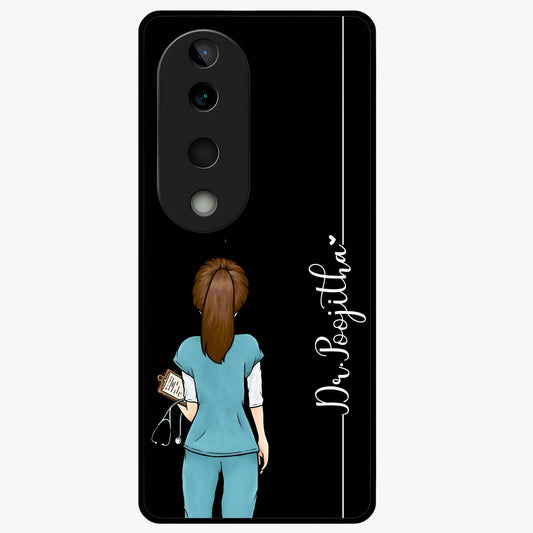 Doctor Pattern Custom Name Glass Case showing flat back view with medical themed pattern and personalized name design.