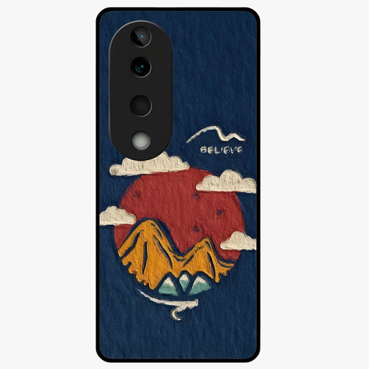 Dream Beyond Mountains Glass Case showing flat back view with scenic mountain landscape artwork and glossy glass finish.