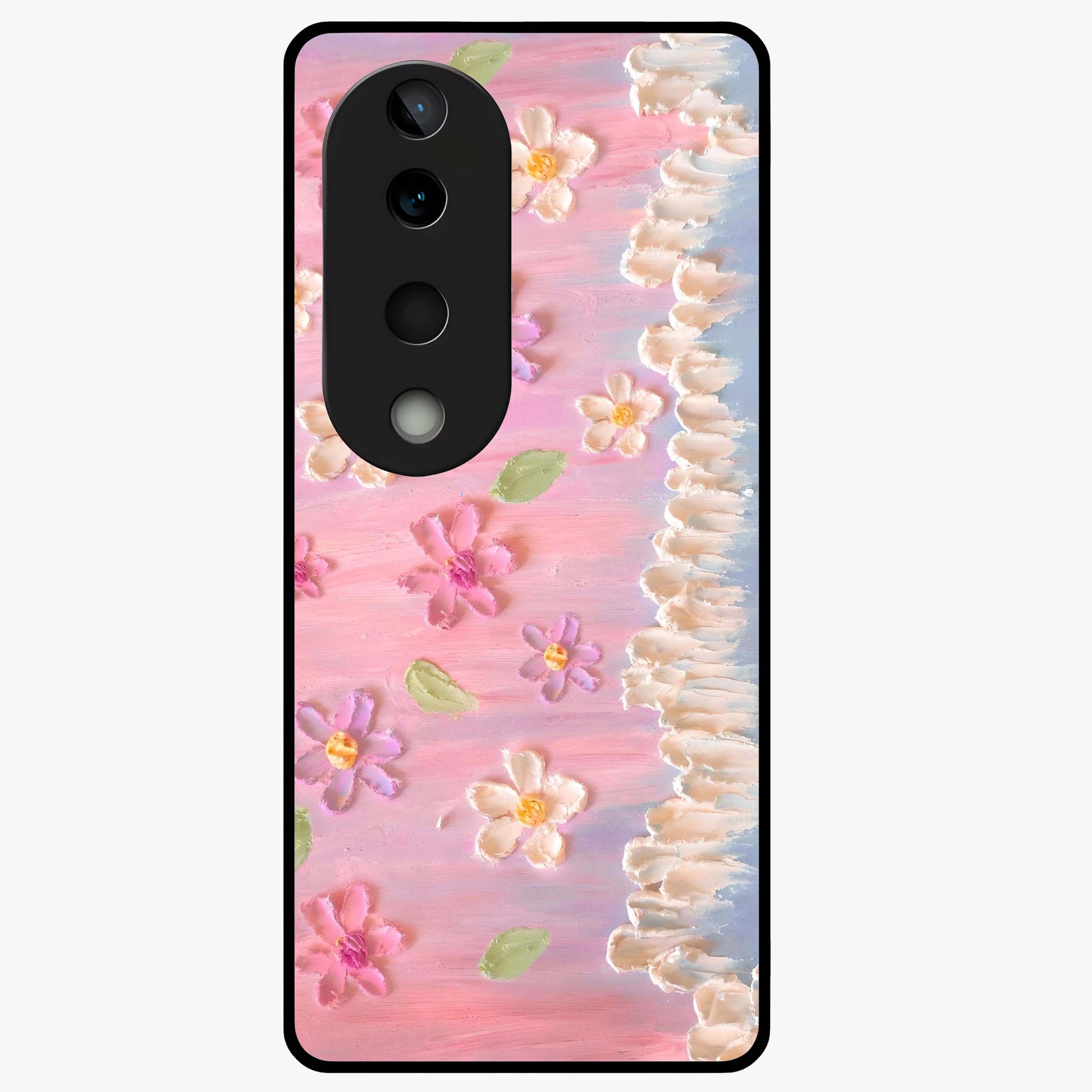 Dreamy Painted Garden Glass Case showing flat back view with artistic painted floral garden artwork and glossy glass finish.