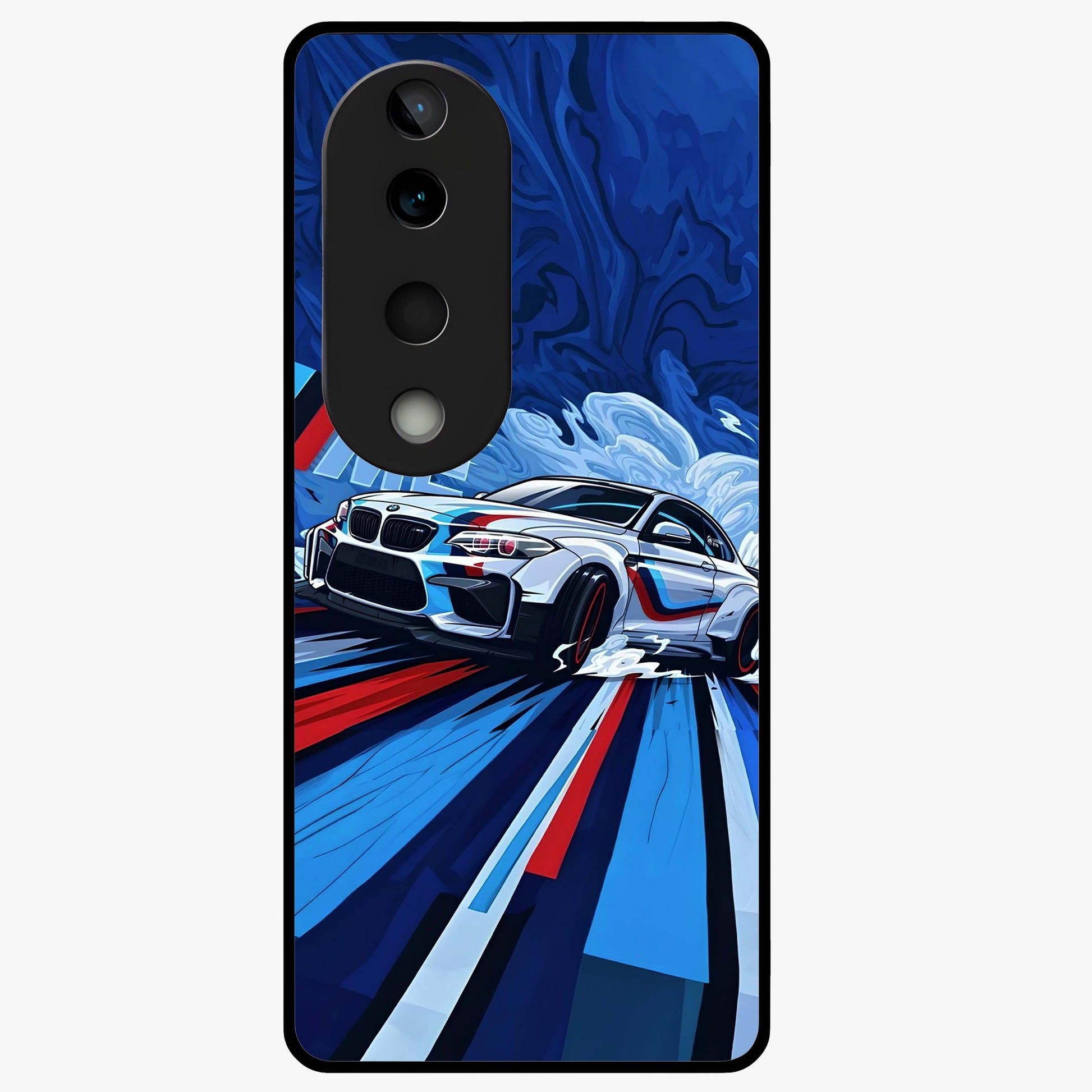 Drift Power Rush Glass Case showing flat back view with dynamic racing inspired artwork and glossy glass finish.