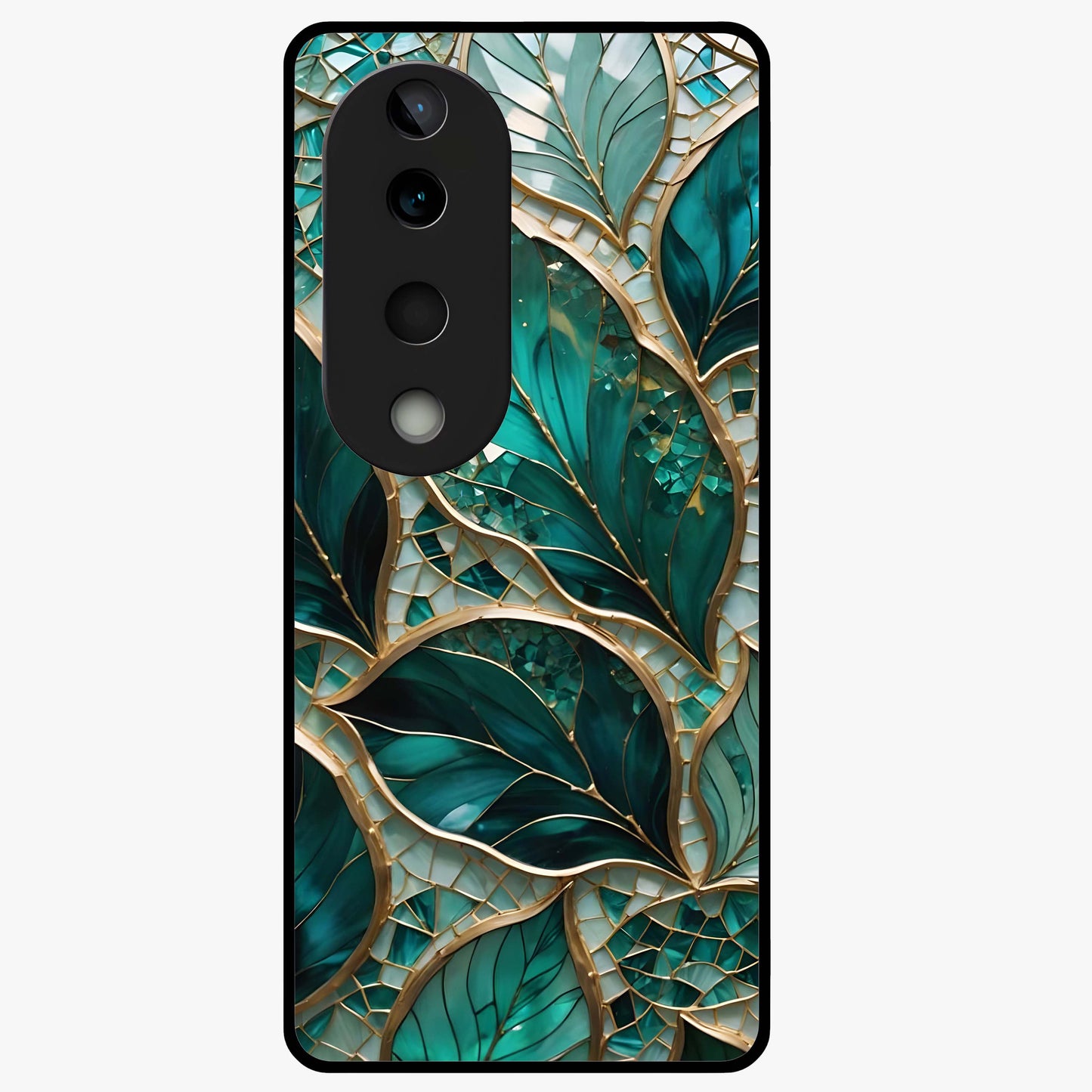 Emerald Leaf Glass Glass Case showing flat back view with emerald green leaf artwork and glossy glass finish.