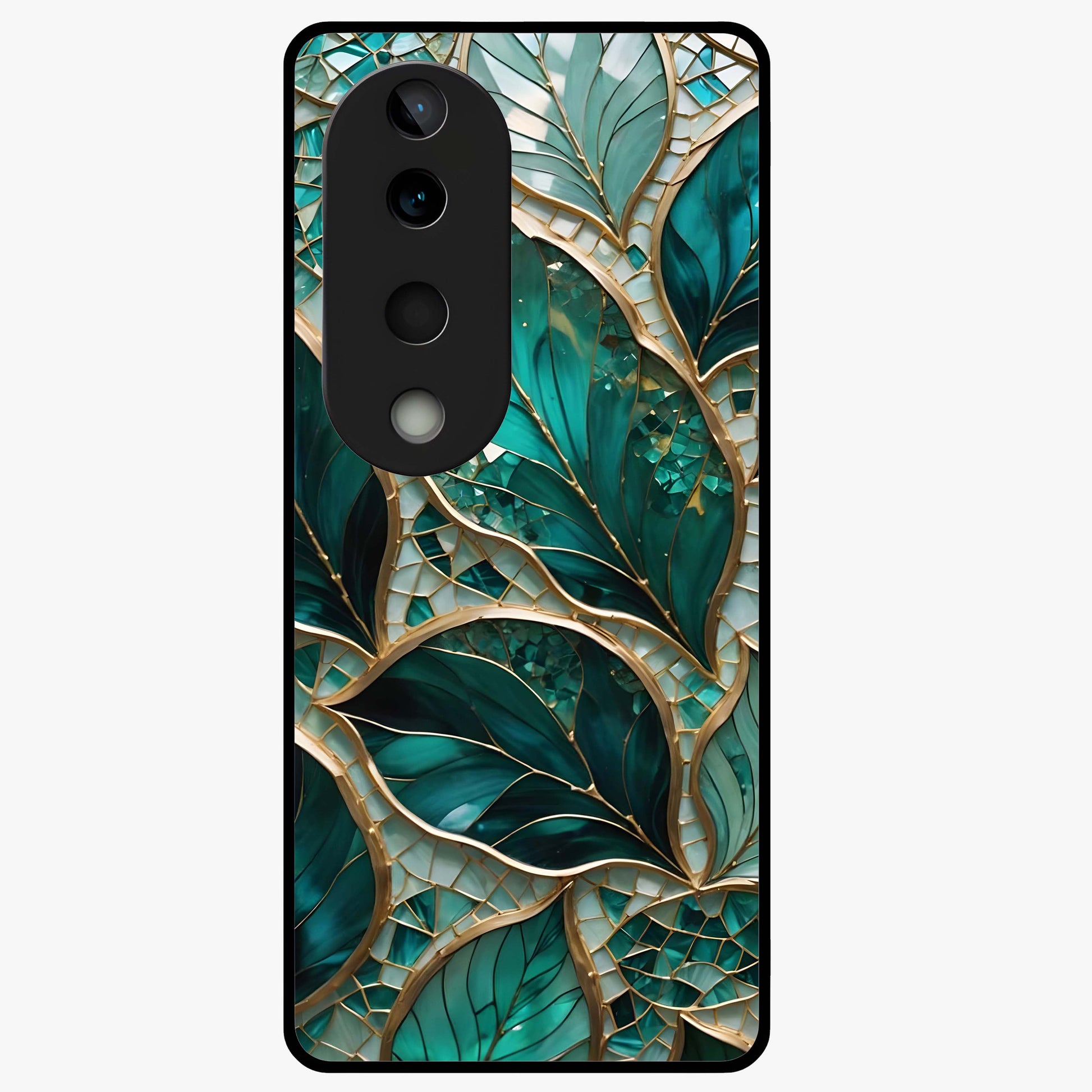 Emerald Leaf Glass Glass Case showing flat back view with emerald green leaf artwork and glossy glass finish.