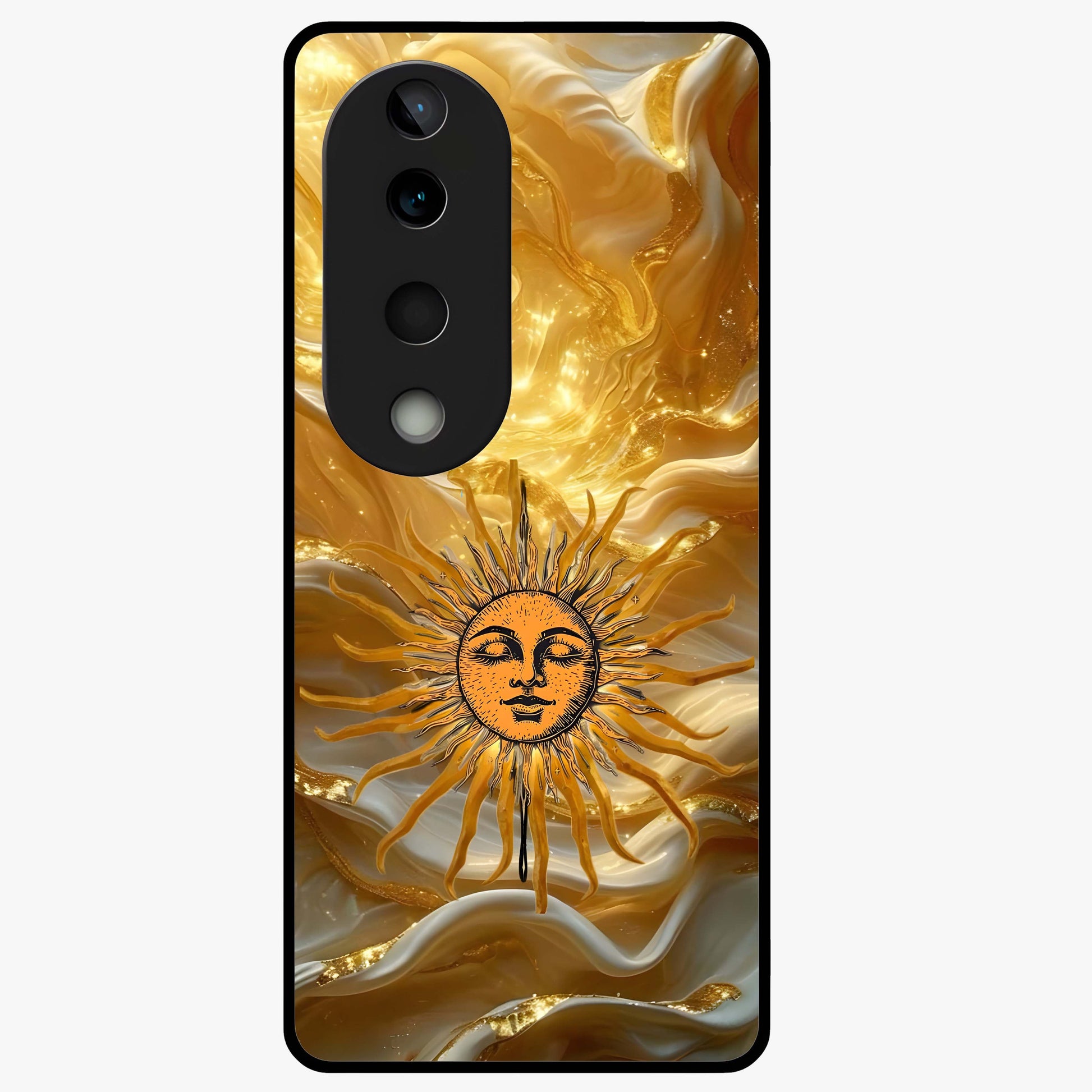 Eternal Golden Glow Glass Case showing flat back view with radiant golden themed artwork and glossy glass finish.