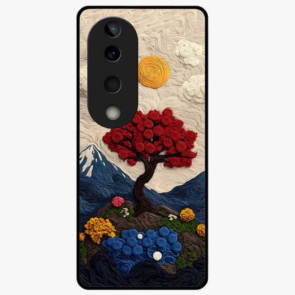 Eternal Nature Tapestry Glass Case showing flat back view with intricate nature tapestry artwork and glossy glass finish.